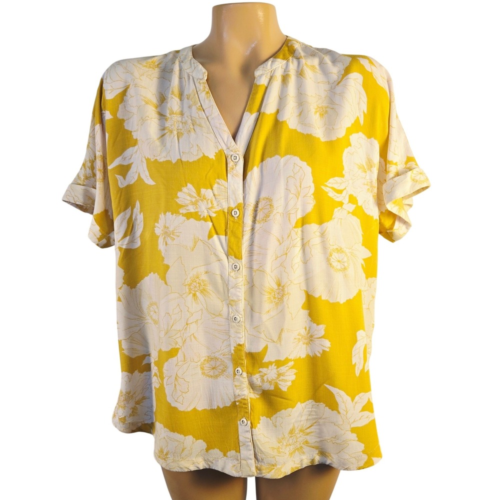 Fat Face Floral Blouse Women Size 8 Button Front Yellow White Short‎ Roll Sleeve
